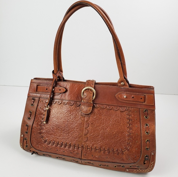 Liz Claiborne Handbags - vintage tooled leather buckle shoulder bag purse